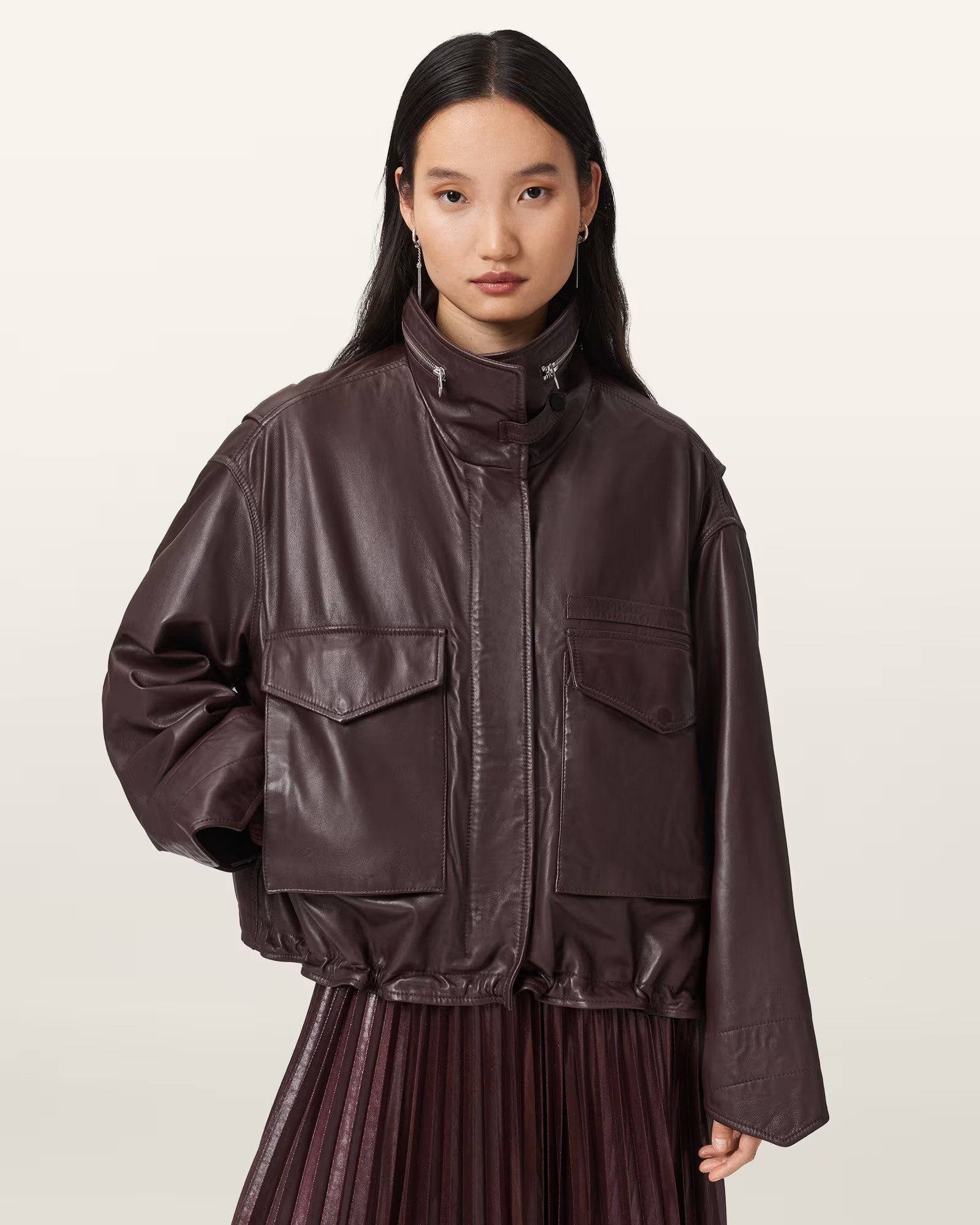 Clay Funnel Neck Leather Jacket OXBLOOD RED | ALLSAINTS Canada | AllSaints UK