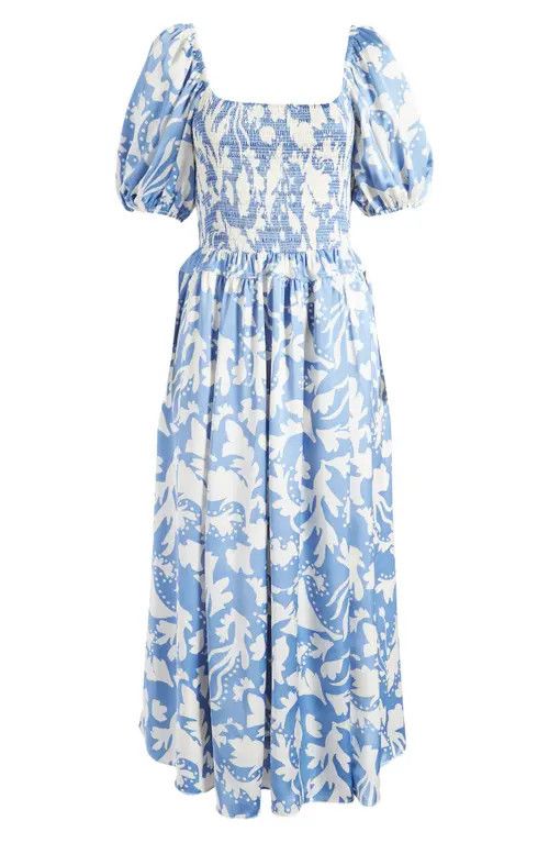 MOON RIVER Abstract Print Smocked Bodice Dress in Blue at Nordstrom, Size Small | Nordstrom