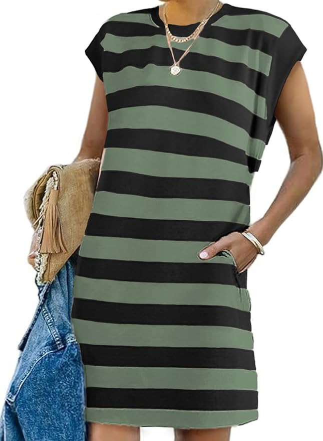 AlvaQ Womens Striped Summer Dresses 2025 Crewneck Cap Sleeve Color Block Casual A Line Tshirt Dre... | Amazon (US)