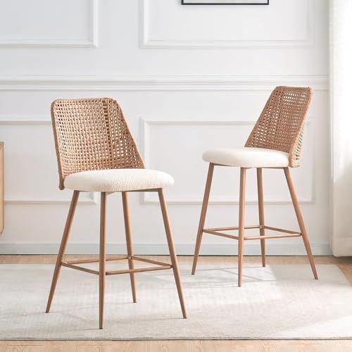 Rattan Counter Height Bar Stools Set of 2, 26" Boucle Fabric Upholstered Barstools with PE Rattan Cane Back, Bar Chairs Counter Stools for Kitchen Island,Beige White | Amazon (US)