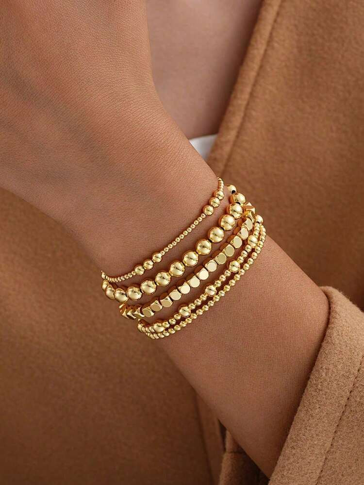 5pcs Fashion Elegant Handmade Beaded Multi-Piece Bracelet Set, Personalized Creative Elastic Bead... | SHEIN
