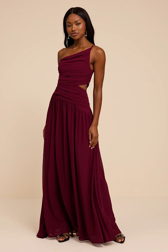 Marcela Plum Ruched One-Shoulder Maxi Dress | Lulus