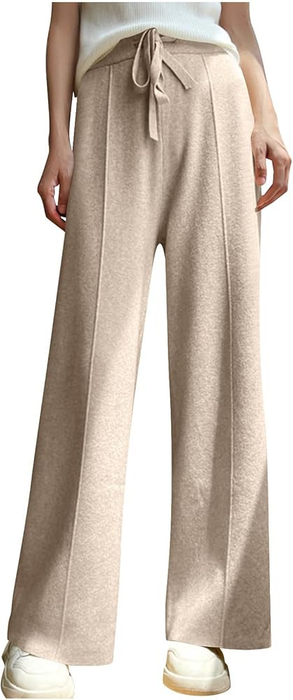 HGps8w Wide Leg Knitted Pants for Women Drawstring High Waisted Loose Winter Warm Comfy Lounge Tr... | Amazon (US)