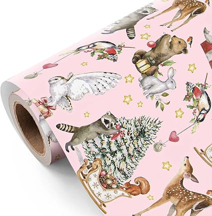 WRAPAHOLIC Kraft Woodland Christmas Wrapping Paper - Mini Roll - 17 Inch x 16.5 Feet - Pink Woodl... | Amazon (US)