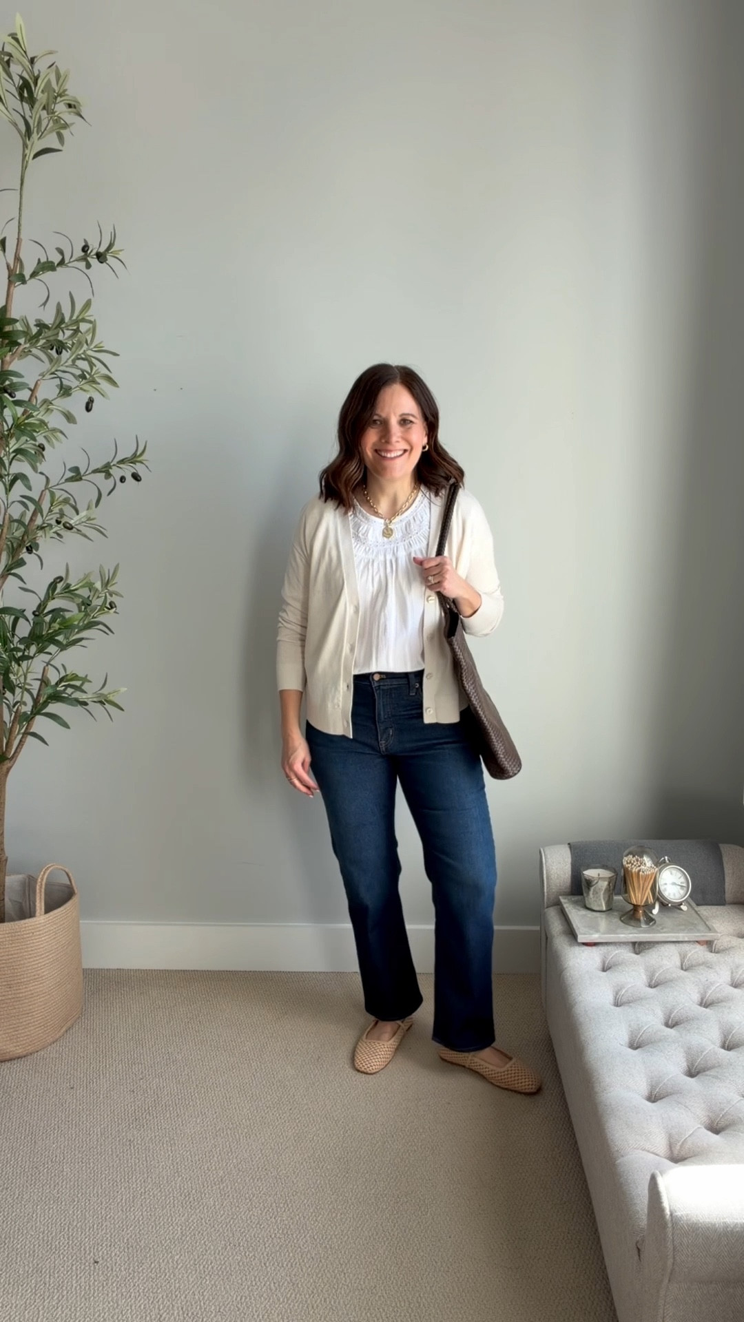 J.Crew Factory midrise straight jeans in dark wash. You’ve seen these jeans a bunch. The straight leg really straightens my curvy lower half. They have a midrise, 28" inseam, and fit TTS. I'm wearing a small in this blouse and a medium in this cardigan (tts) 

 

#LTKOver40 #LTKSaleAlert #LTKMidsize