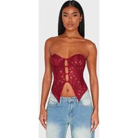 Burgundy Textured Sheer Floral Split Hem Corset | PrettyLittleThing US