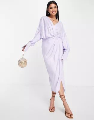 ASOS EDITION satin drape midi dress with wrap bodice and skirt in lilac | ASOS (Global)