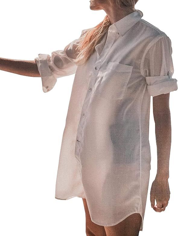 Chunoy Women Casual White Loose Lightweight Swimwear Tunic Top Beach Wear Cover Up Shirt Blouse | Amazon (US)