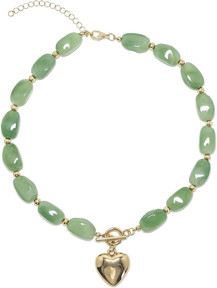 Colorful Chunky Beaded Choker Necklace for Women Adjustable Boho Irregular Oval Beads Puffy Heart... | Amazon (US)