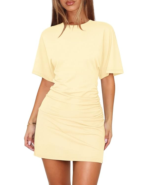 Womens Summer Casual T Shirt Dresses for Women Batwing Cinched Waist Dress Short Sleeve Ruched Bo... | Amazon (US)