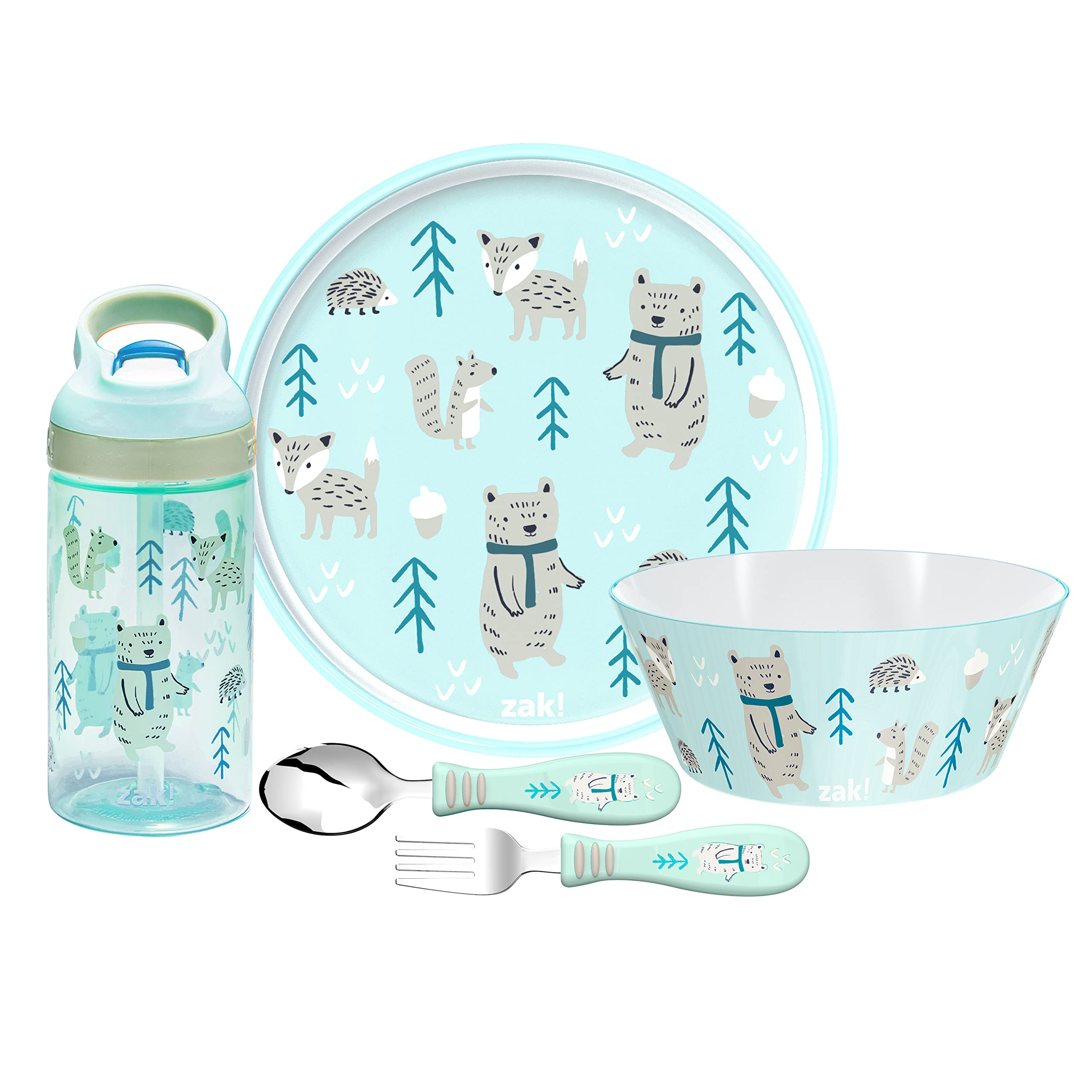 Zak Designs 5-Piece Dinnerware Set, Forest Friends - Durable Plastic & Stainless Steel - Includes... | Amazon (US)