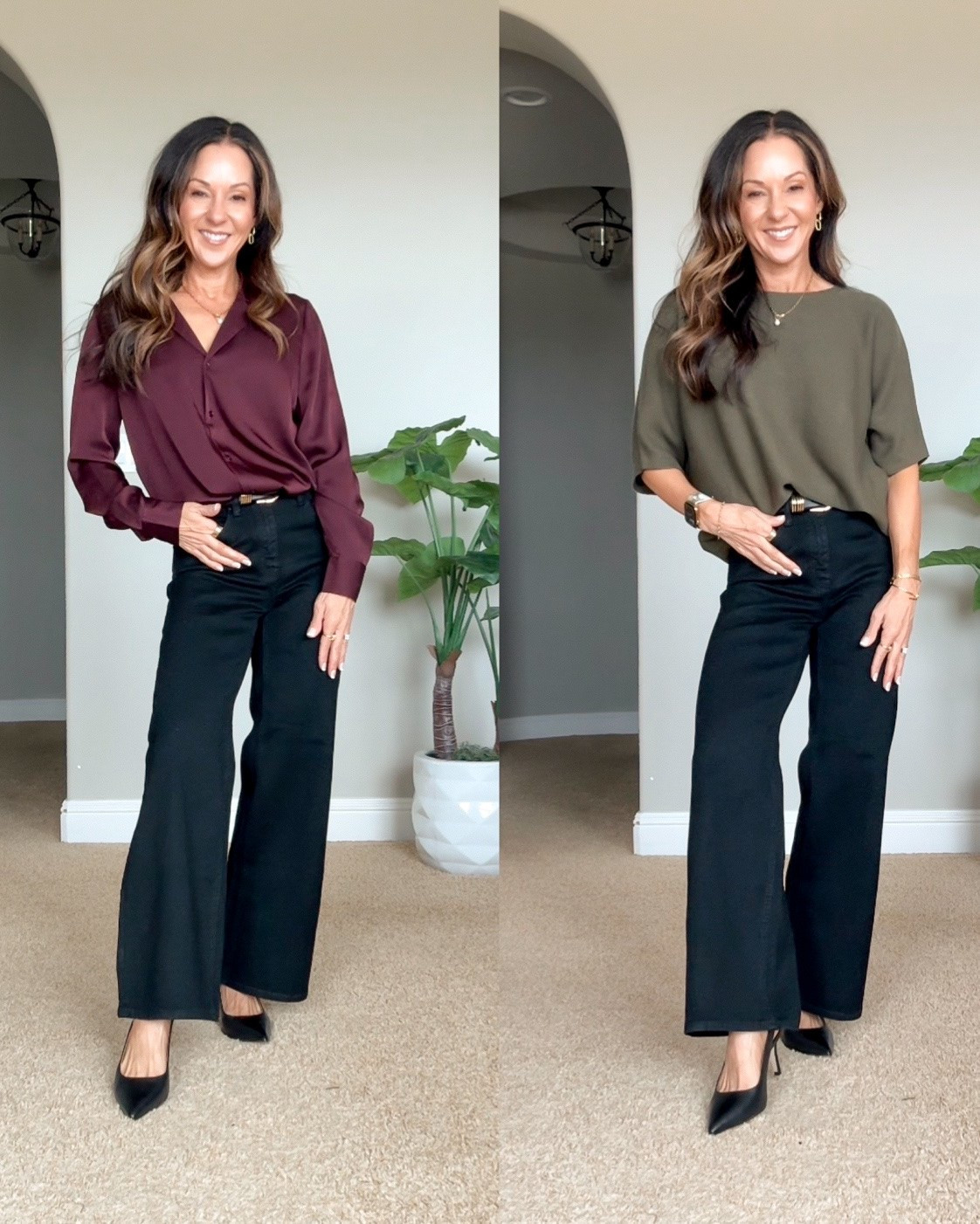 Fall try on with @Quince and these pieces are so good for building an early fall wardrobe. The Bella Wide Leg Jeans come in four length options, which is such a win for petites, and I love pairing them with soft sweaters, a gorgeous belt, heels or flats

For reference, I’m 5’1”, 107 lbs. Wearing size 24 Short in the jeans in Black
XS in the sweater (Olive) & silk blouse (Wine Tasting Red). 
The slingbacks run true to size.
#quincepartner

#LTKOver40 #LTKPetite #LTKWorkwear