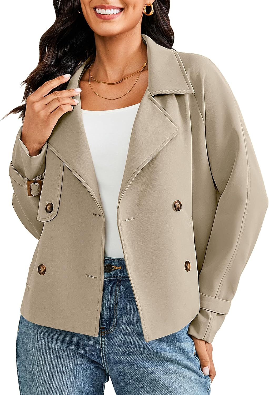 LookbookStore Cropped Trench Coat for Women Double Breasted Long Sleeve Work Office Business Casual Fall Short Jackets | Amazon (US)