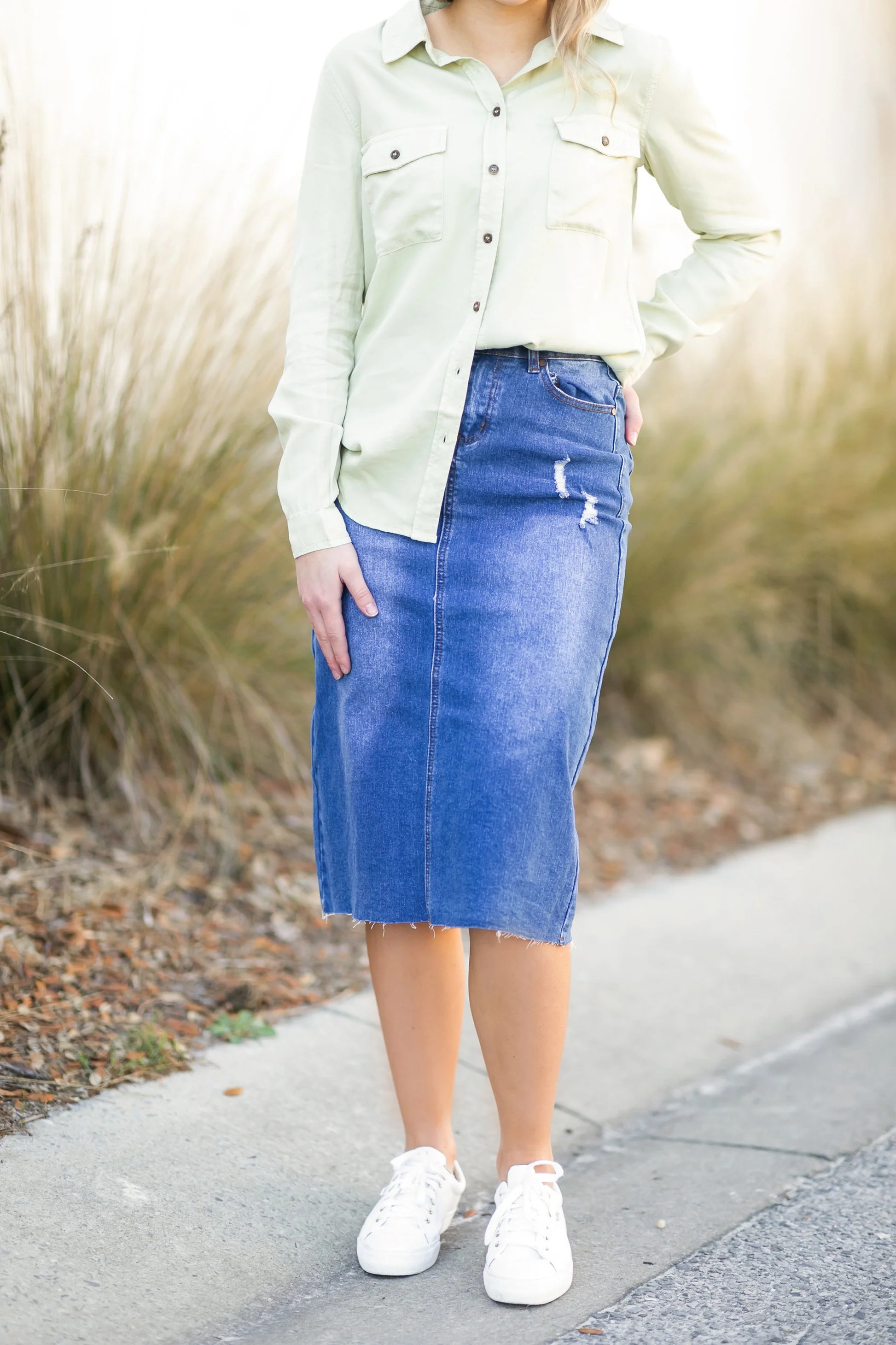 Remi Raw Hem Light Wash Midi Skirt | Inherit Clothing Co.