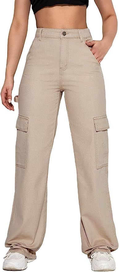 WDIRARA Women's Camo Print Cargo Jeans High Waist Wide Leg Denim Army Pants | Amazon (US)