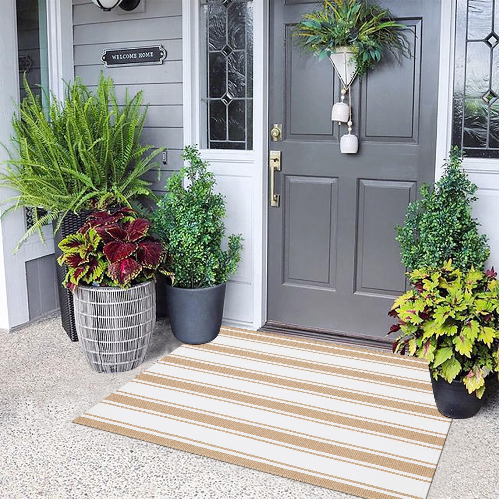 Alfombra de exterior a rayas caqui y blanca, 2 x 4.3 pies, moderna alfombra de puerta de granja, ... | Amazon (US)
