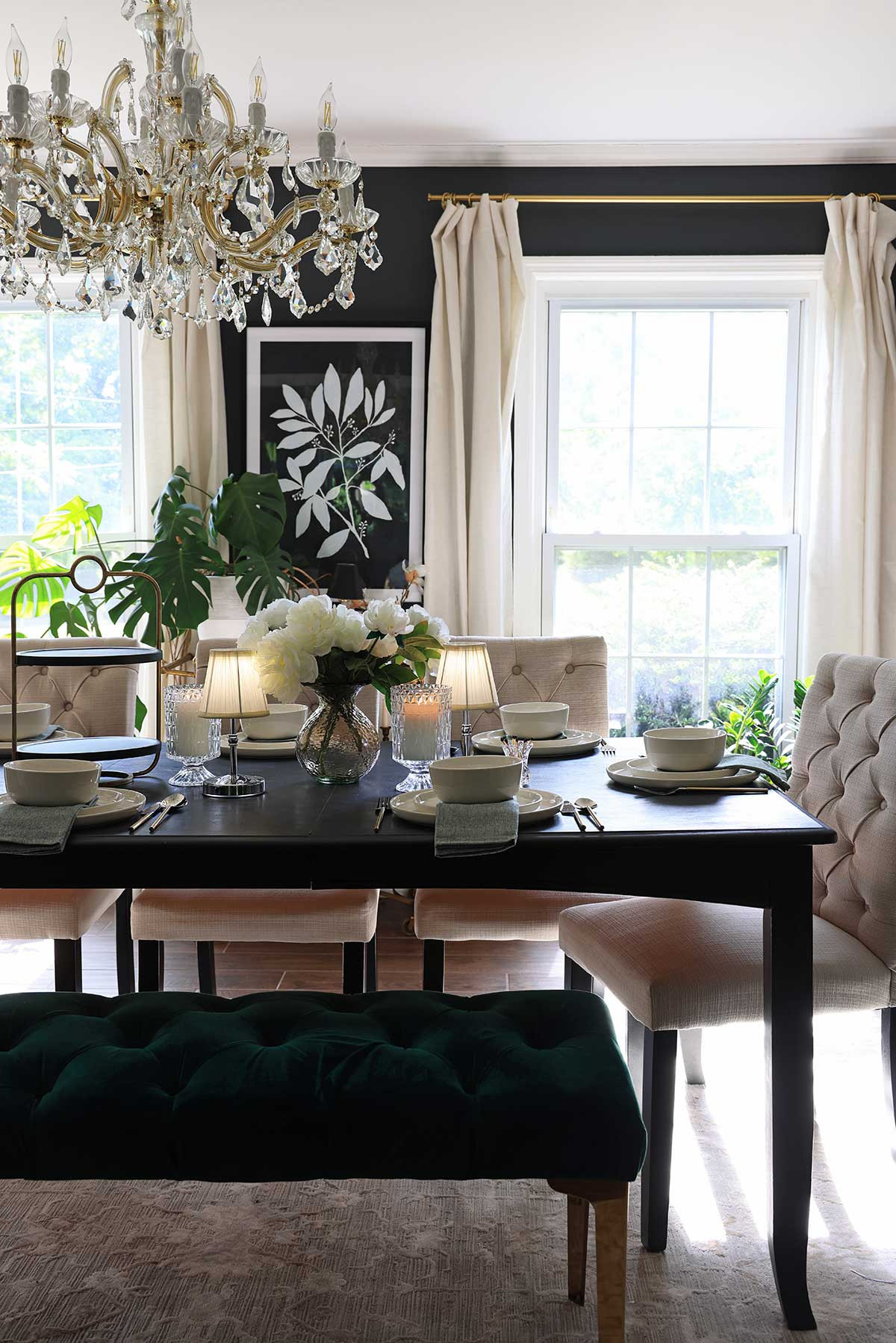 Dinner table settings | Style a simple but beautiful dinner table cream-colored dinner plates, faux flowers, gold flatware, cloth napkins, and cordless lamps.  

 #LTKHome