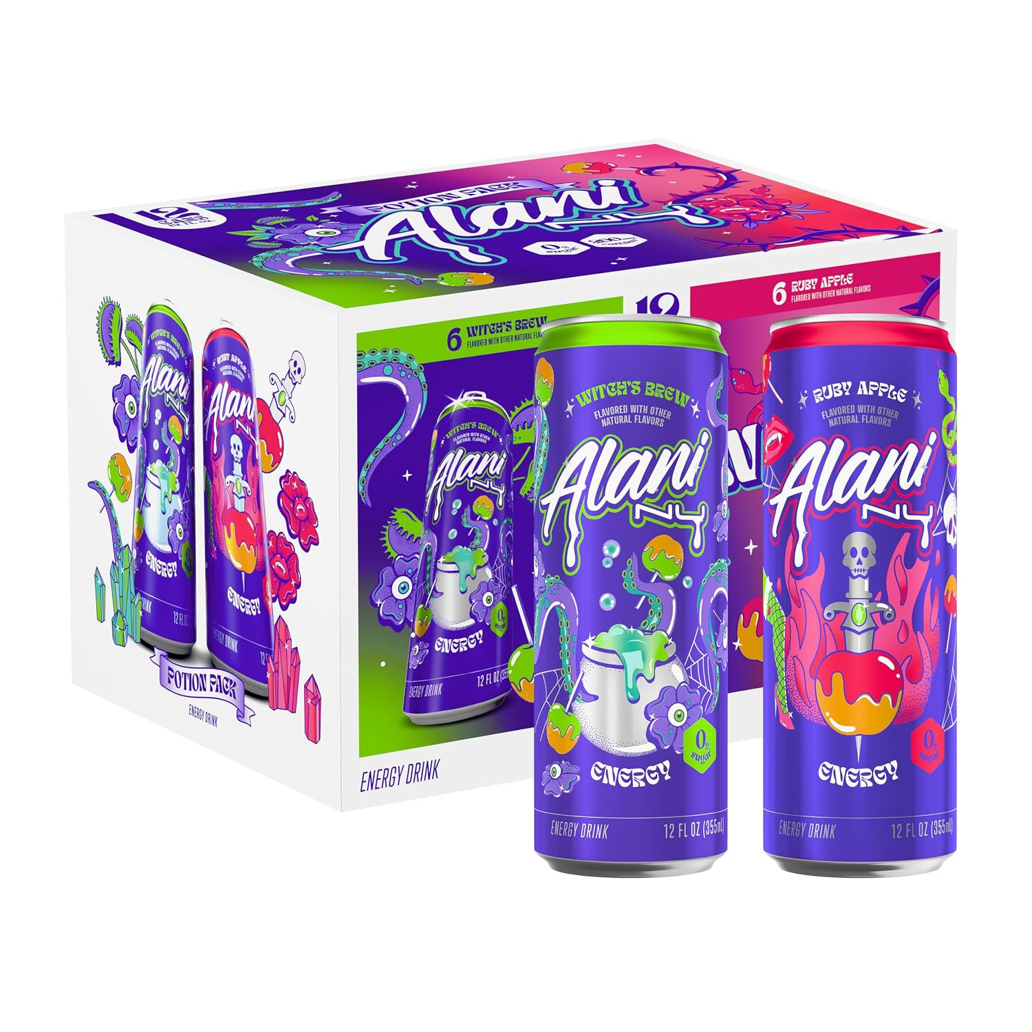 Alani Nu VARIETY PACK WITCH'S BREW, RUBY APPLE Sugar Free, Low Calorie Energy Drinks, 200mg Caffeine, Antioxidants, Biotin B Vitamins, Zero Sugar, 15 Calories or Less, 12 Fl Oz Cans (12 Pack) | Amazon (US)