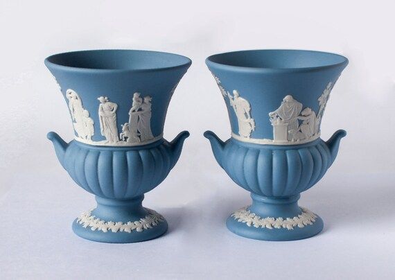 Wedgwood Blue Jasperware Vases, Pair of Wedgwood Urn Vases, 1960's White Relief Sacrifice Design,... | Etsy (US)
