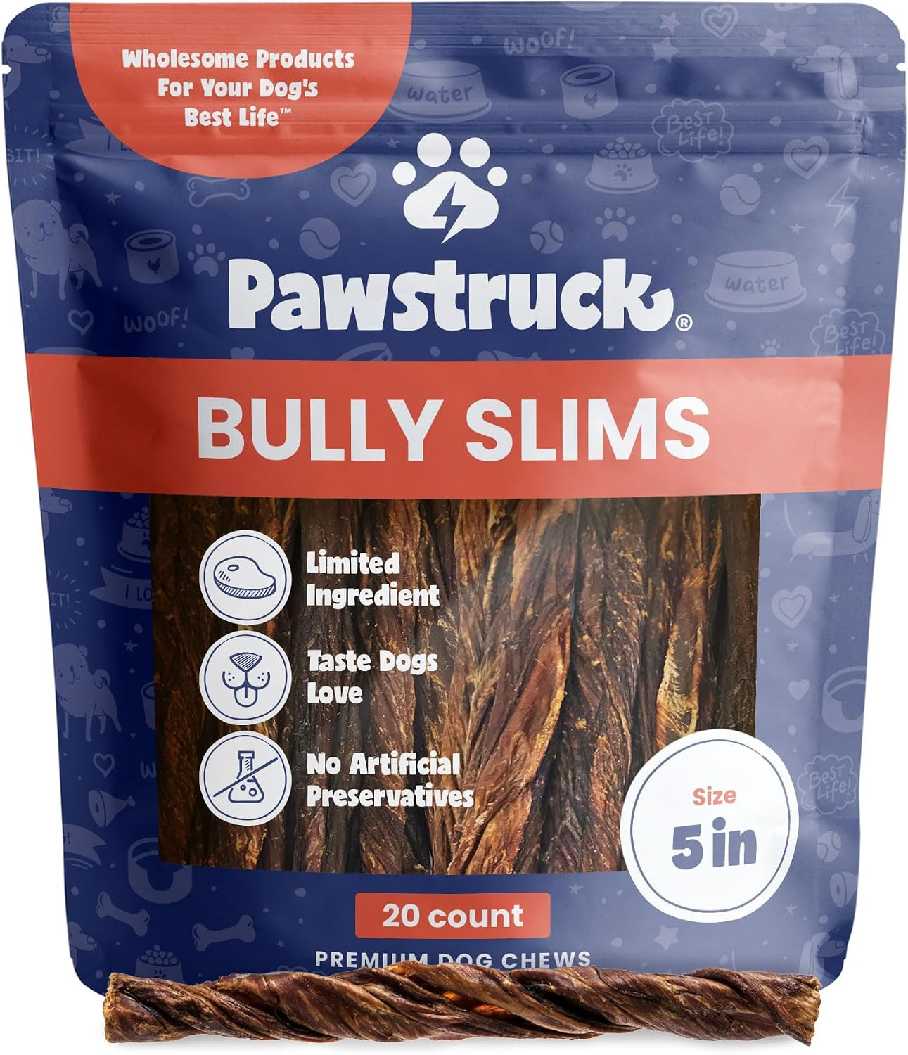 Pawstruck Natural 5" Beef Bully Slims for Dogs & Puppies - 40 Count | Amazon (US)