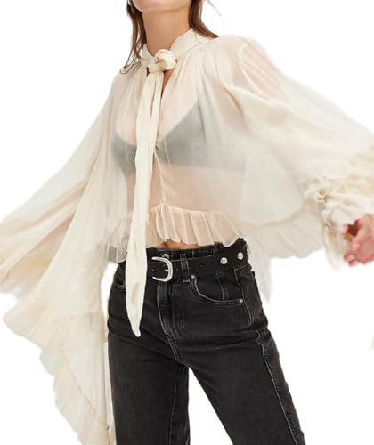 Women Full Sleeve Frill Tops Sexy See Through Sheer Ruffle Trim Blouse Tops Self Tie Neck Shawl Shirts Top(Apricot,Small) | Amazon (US)