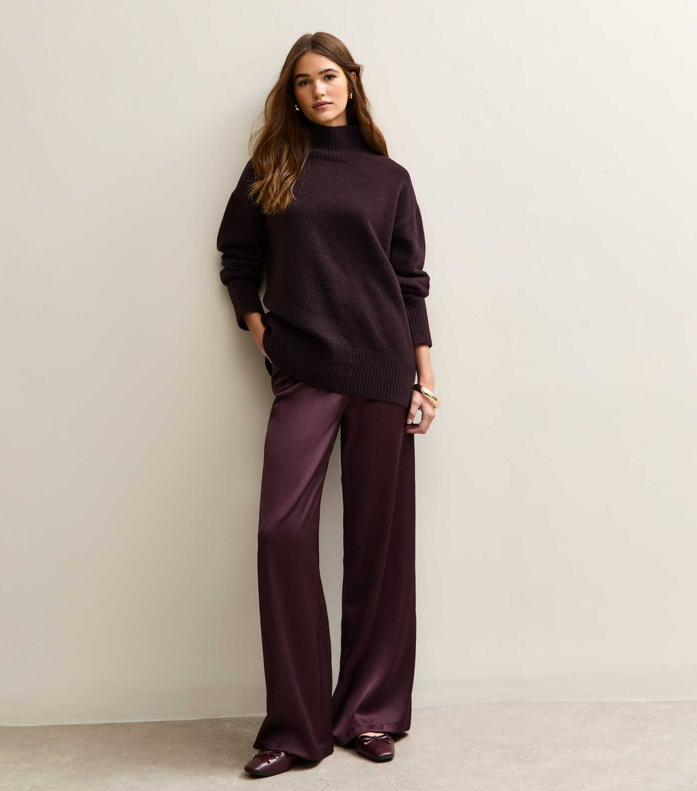 Dark Burgundy Satin Wide Leg Trousers | New Look | New Look (UK)