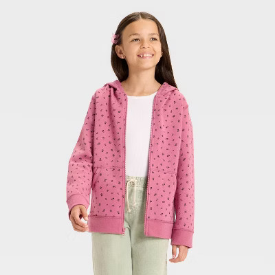 Girls' Zip-Up Floral Fleece Hooded Sweatshirt - Cat & Jack™ Pink Rose XL | Target