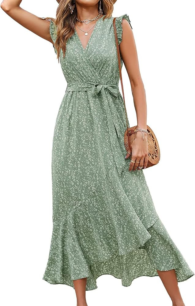 BTFBM Women Summer Dresses 2024 Ruffle Cap Sleeve V Neck Belt Wrap Split Boho Floral Long Casual ... | Amazon (US)