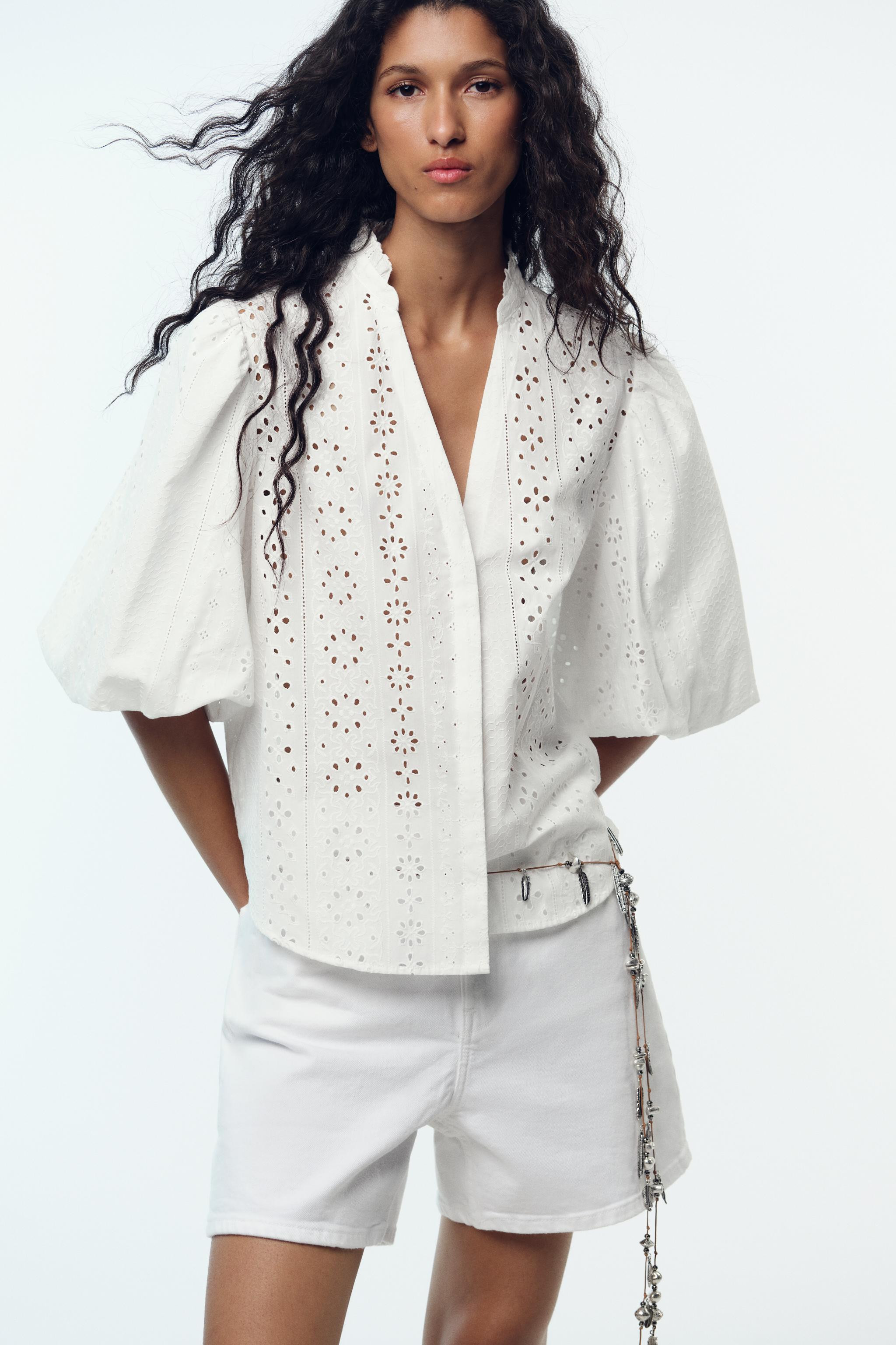 PUFF SLEEVE SHIRT WITH PERFORATED EMBROIDERY | Zara US