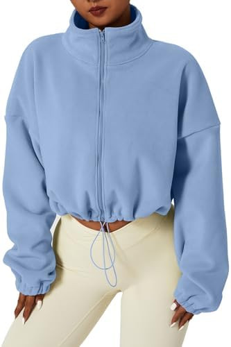 QINSEN Women's Full Zip Fleece Short Jacket Warm Winter Long Sleeve Stand Collar Sherpa Crop Coat | Amazon (US)