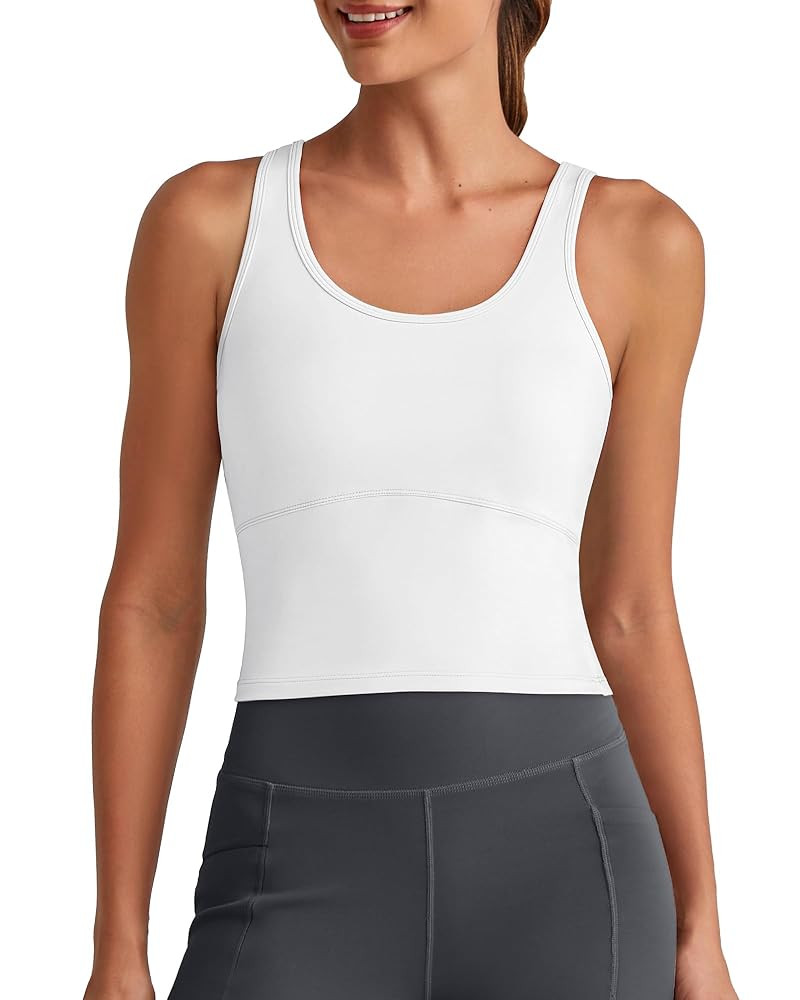 G4Free BareFeel Built in Bra Workout Tank Tops Removable Padded Longline Sports Bras Waist Length... | Amazon (US)