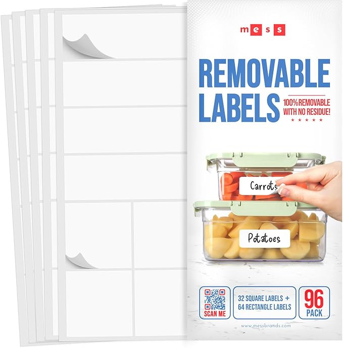 MESS Removable Food Labels for Containers (96-Pack) 1x3" & 1.5" Erasable Kitchen Labels for Organ... | Amazon (US)