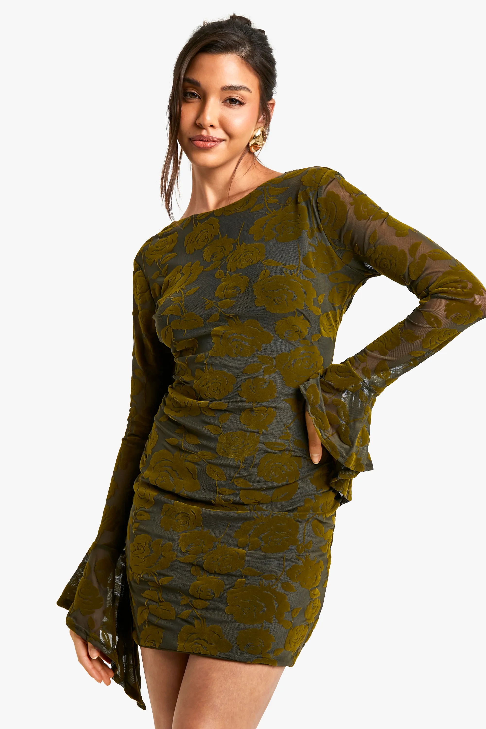 Devore Flare Sleeve Back Tie Mini Dress | boohoo (US & Canada)