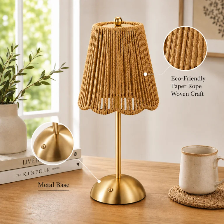 MEHOOM 12" Cordless Indoor Rattan & Gold Colored Table Lamp with Touch Switch/3 Colors Dimmer, Re... | Walmart (US)