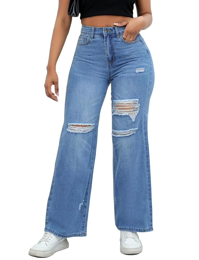 LONGBIDA Ripped High Waist Loose Wide Straight Leg Jeans for Women Stretchy Distressed Denim Pant... | Amazon (US)