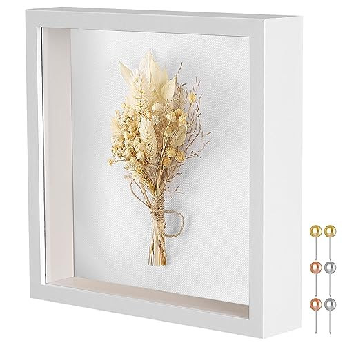 Califortree 8x8 Shadow Box Frame with Soft Linen Back - Metal Push Pins Included, Memory Box Display Case for Memorabilia Flower Awards Medals Wedding Photos, White | Amazon (US)