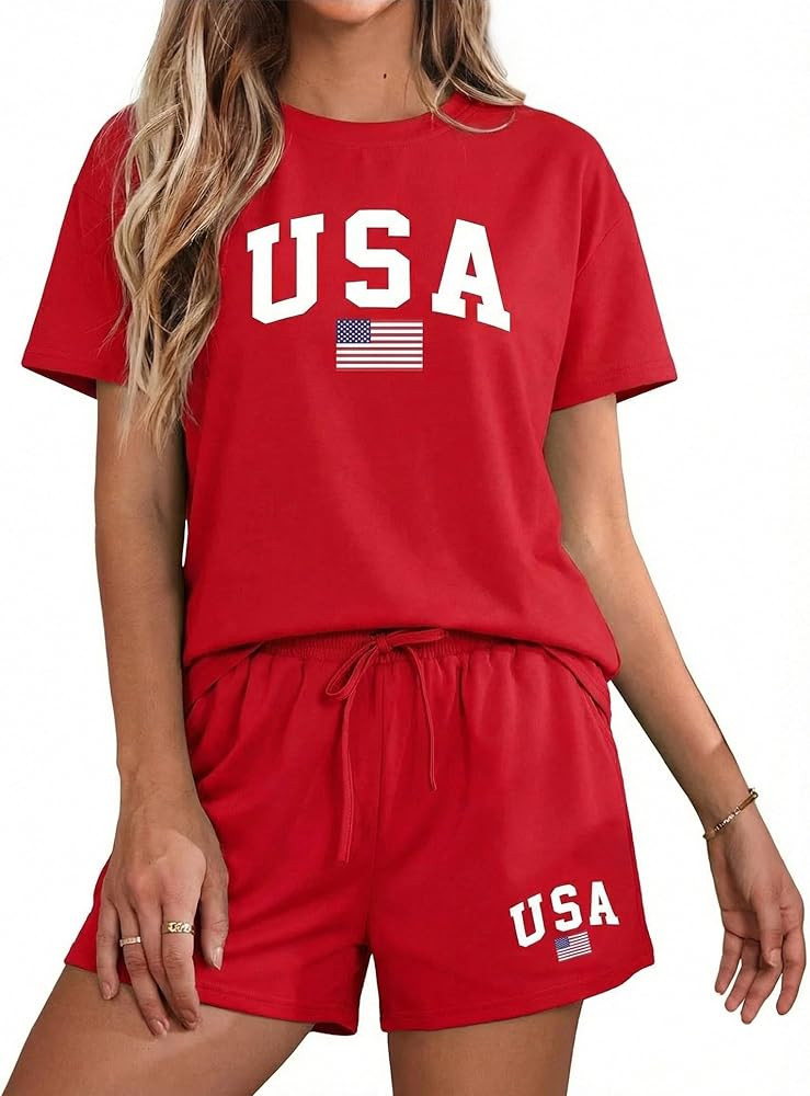 ASTANFY USA 2 Piece Short Sets 4th Of July Outfits For Women Patriotic Shirts American Flag 2 Pie... | Amazon (US)