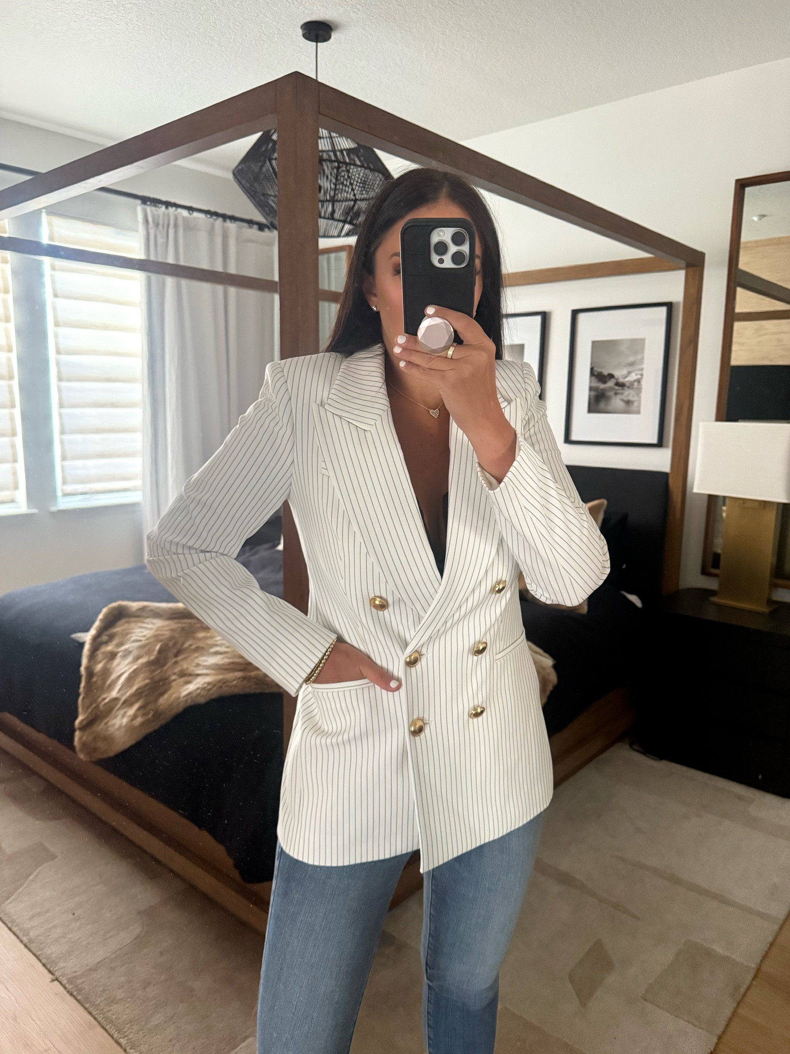 Pinstripe Double Breasted Novelty Button Blazer wearing size small. Mid Rise Dark Wash Ripped Hem Skinny - wearing size 4. High Waisted Light Wash FlexX Ripped Skinny Jeans wearing size small. 