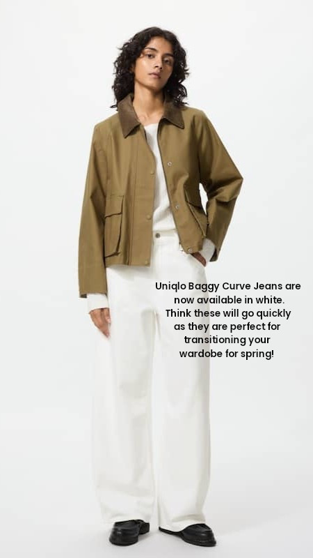 Uniqlo baggy curve jeans new colour - white jeans for your spring capsule wardrobe and transitional outfits #uniqlo #capsulewardrobe #jeans 

#LTKuk #LTKFashionMonth #LTKjeans