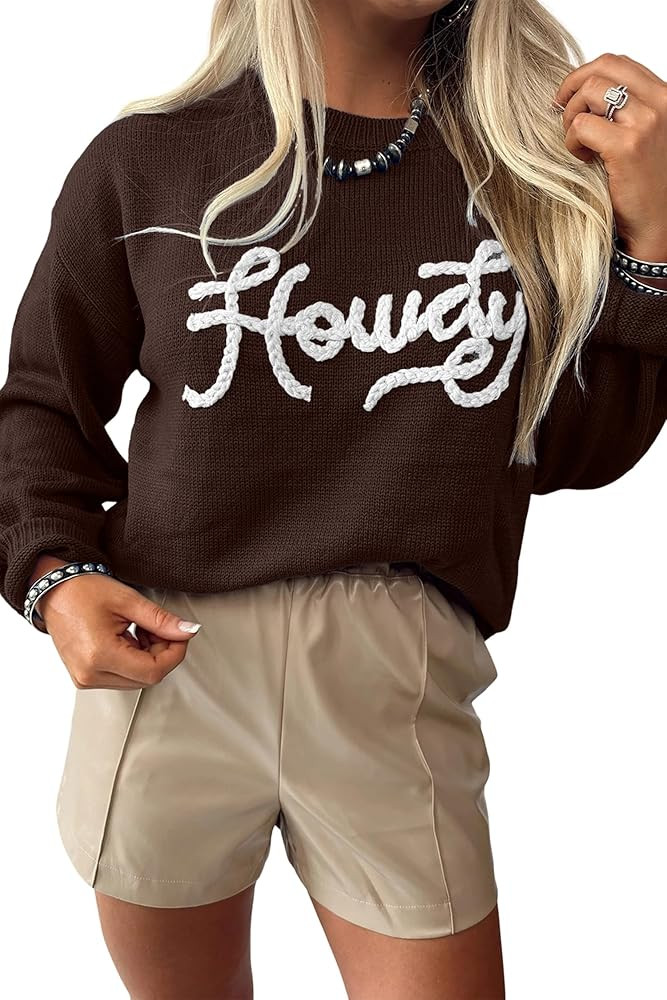Women's Sweater Howdy Embroidered Graphic Western Sweater Letter Print Casual Knit Sweater | Amazon (US)