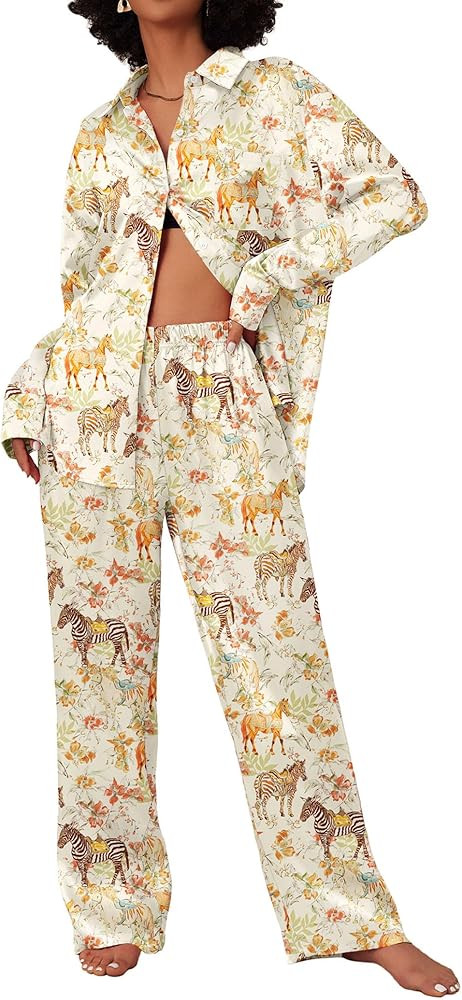 Ekouaer Womens Satin Silky Pajama Set 2 Piece Print PJs Soft Loungewear Button Down Sleepwear wit... | Amazon (US)