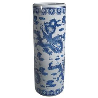 24 in. Oriental Furniture Dragon Blue and White Porcelain Umbrella Stand | The Home Depot