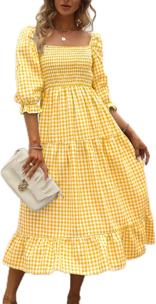 Jollycode Women's Summer Boho Plaid Puff Sleeves Midi Dress Casual Square Neck Smocked Flowy A Li... | Amazon (US)