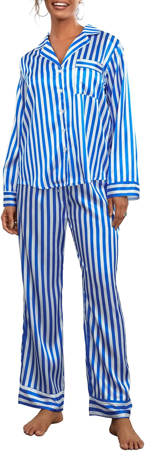 iTranyee Women Cute Bow Knot 2 Piece Pajama Set Sexy Satin Long Sleeve Button Down Shirts Wide Le... | Amazon (US)