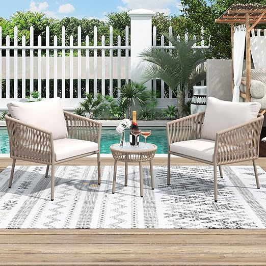 3-Piece Patio Bistro Set Lounge Chair w/2 Rattan Chairs&Round Coffee Table for Poolside Garden,Ou... | Amazon (US)