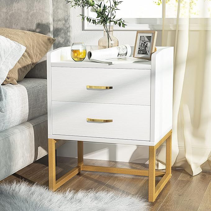 Tribesigns White and Gold Nightstand, Modern Night Stands Bedside Table with 2 Drawers, Wood Side... | Amazon (US)