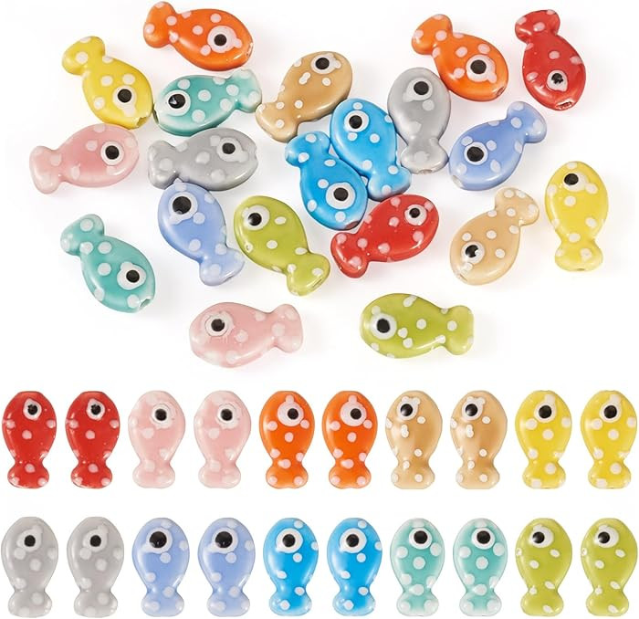 20Pcs Fish Beads Handmade Animal Porcelain Bead Ceramic Fish Printed Beads Loose Spacer Bead 11x1... | Amazon (US)