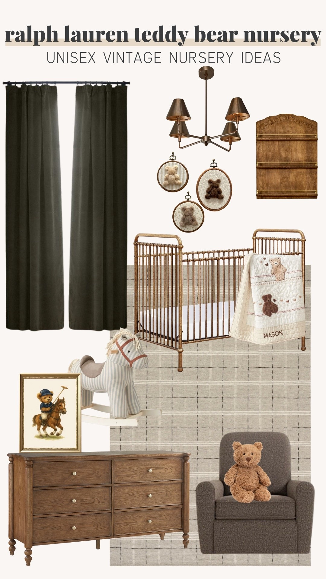 Ralph Lauren unisex teddy bear nursery ideas 

Curtain picks, wall art, shelf, rug, rocking horse, rocking chair, ceiling lighting 

#LTKStyleTip #LTKHome #LTKBaby