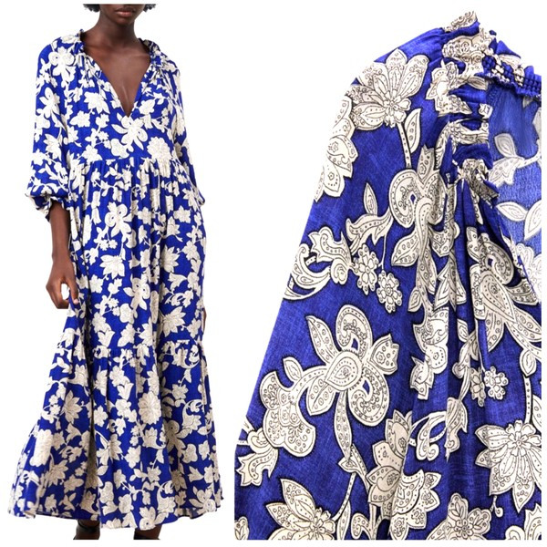 Blue Ivory & Black Woven Ruffle Neck Caracas Dress | James Ascher