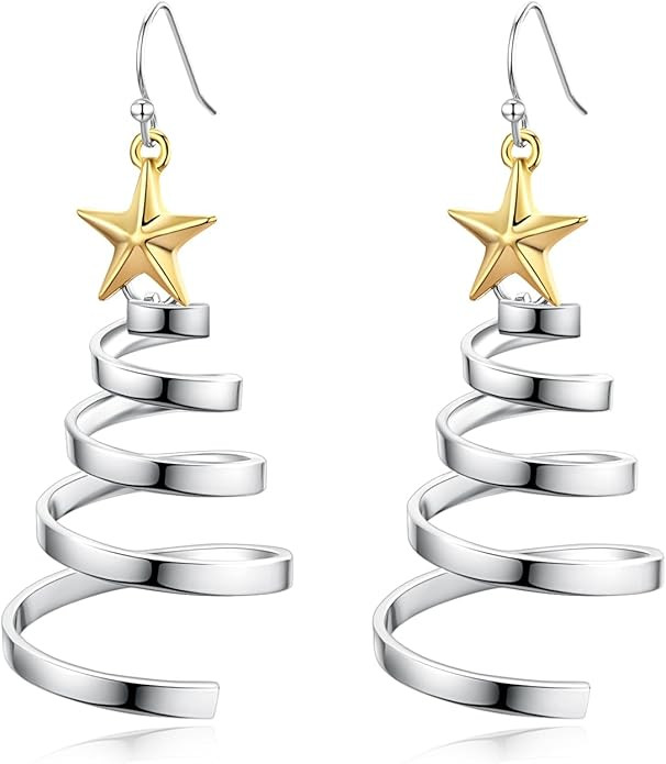 Handmade Christmas Tree Dangle Hoop Earrings Golden Silver Two Tone Women Holiday Gift, Thanksgiv... | Amazon (US)